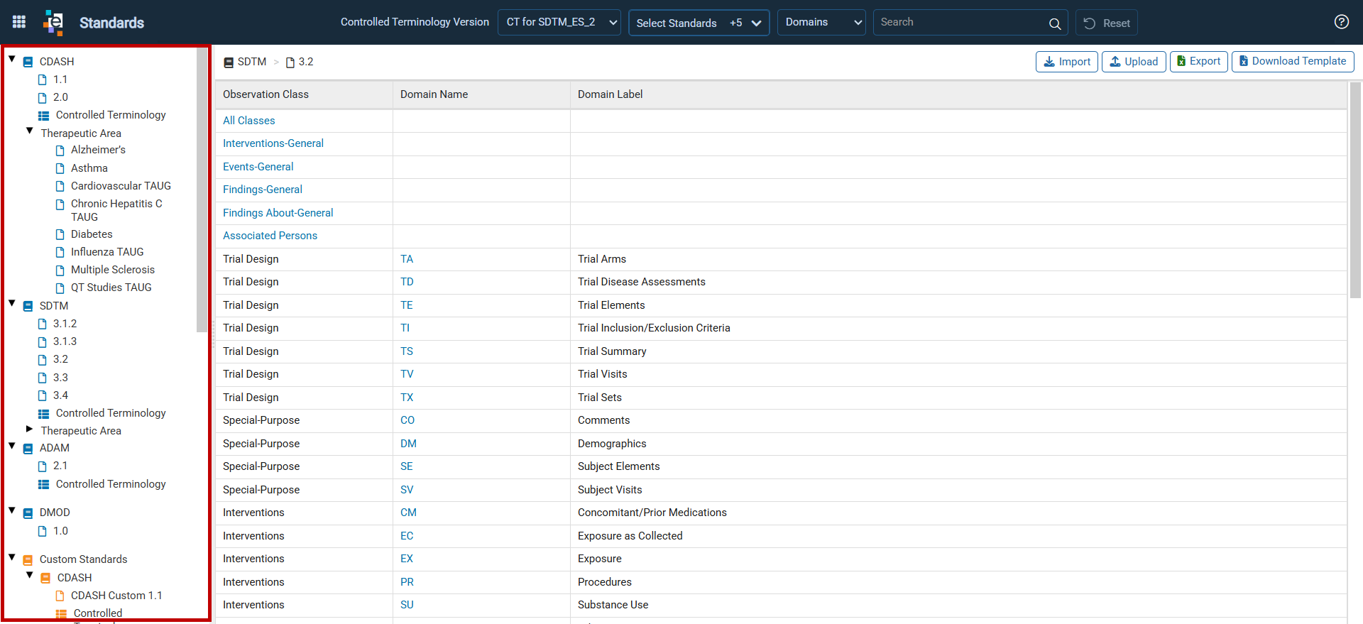 Standards page with the Standards tree in the left navigation and the selected standard version details