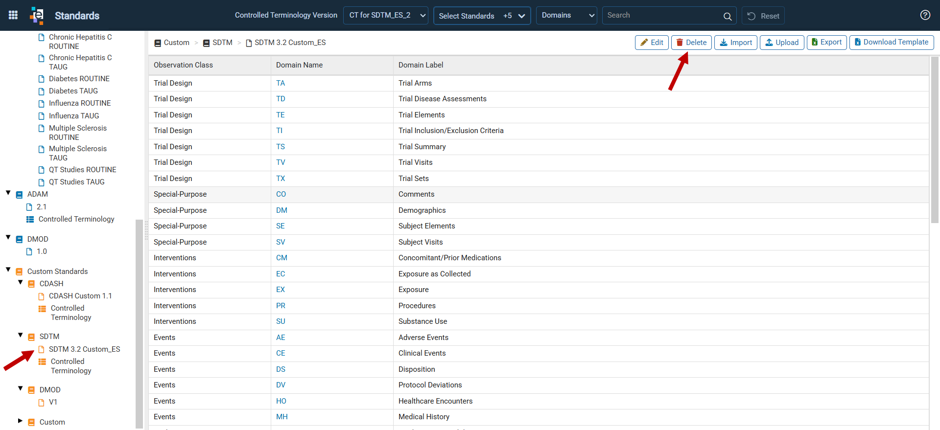 Selected custom standard in the Standards tree with the Delete button