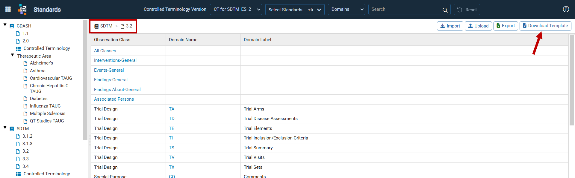 Standards page with the Download Template button for the selected standard version