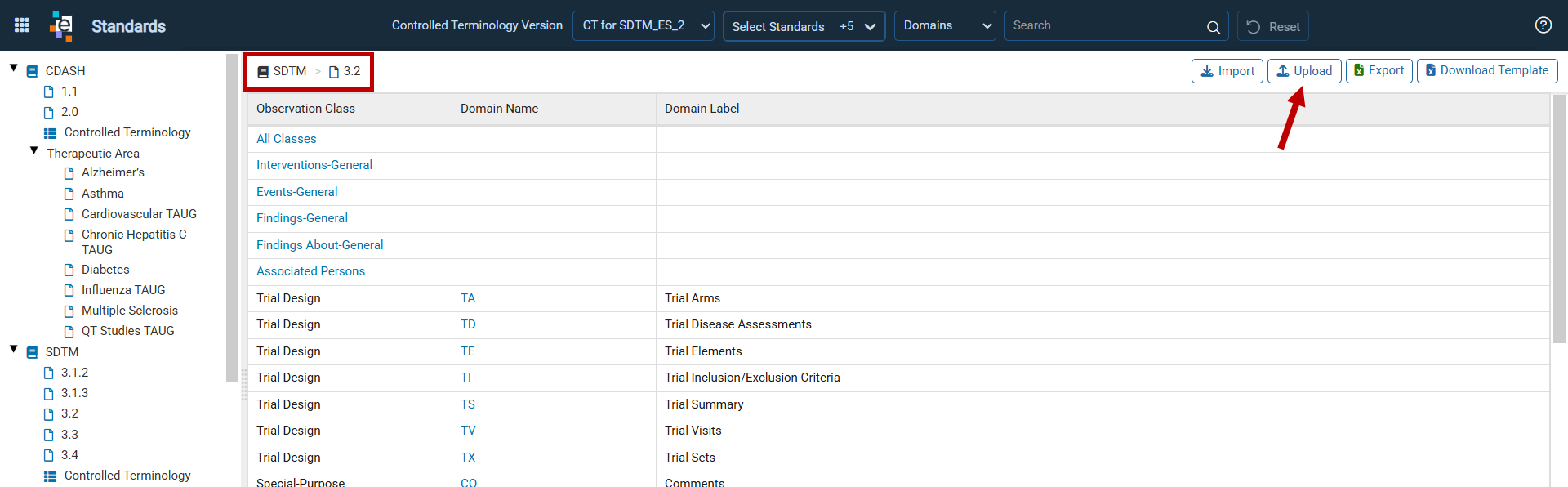 Standards page with the Upload button for the selected standard version