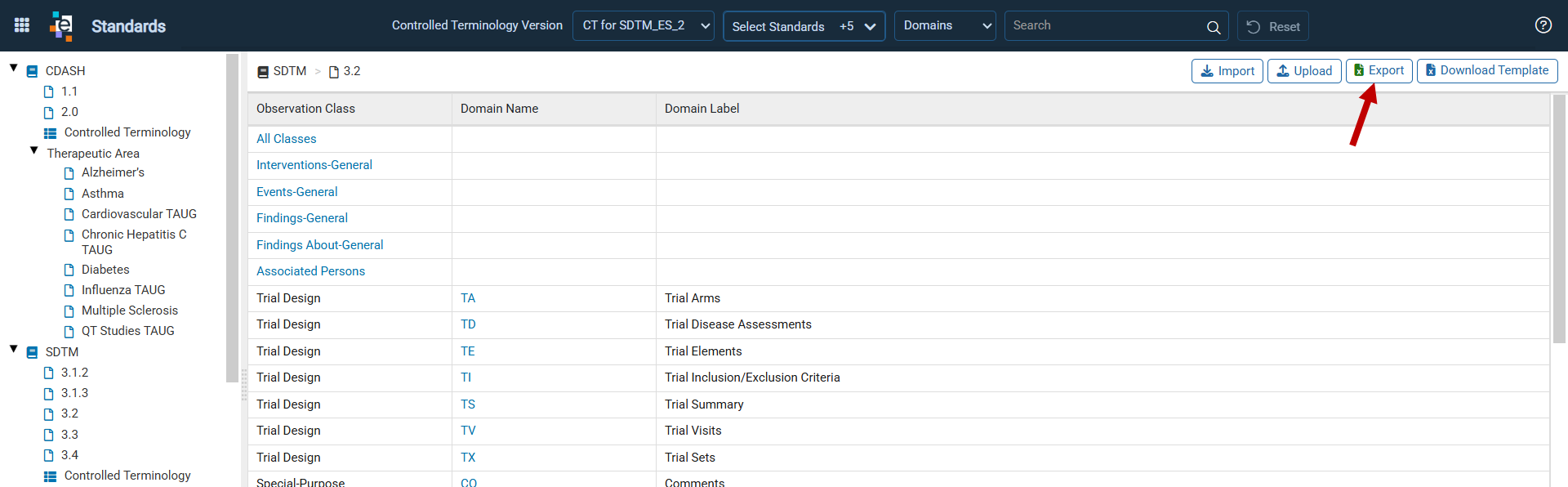 Standards page with the Export button for the selected standard version