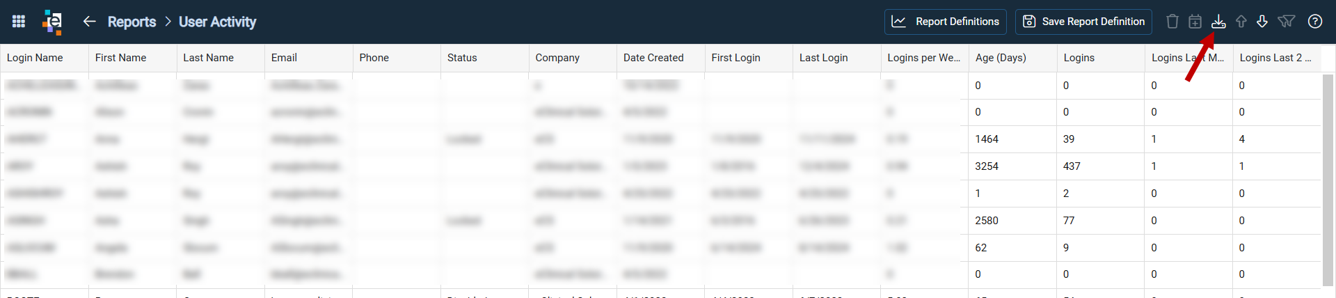 Report view with the Export icon in the master header