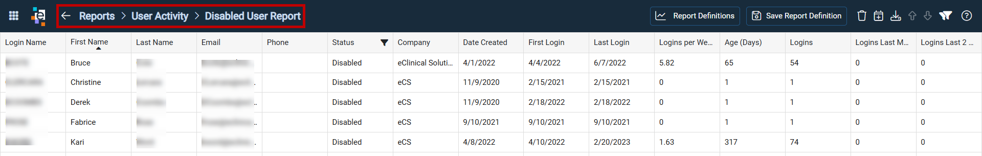 Report view with a saved report definition selected
