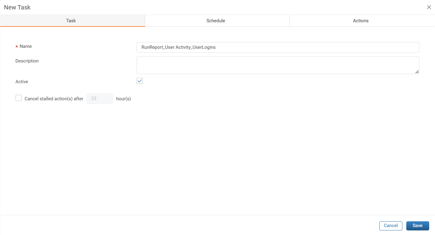 Task tab of the New Task window with the Name, Description, Active, and Cancel stalled actions fields
