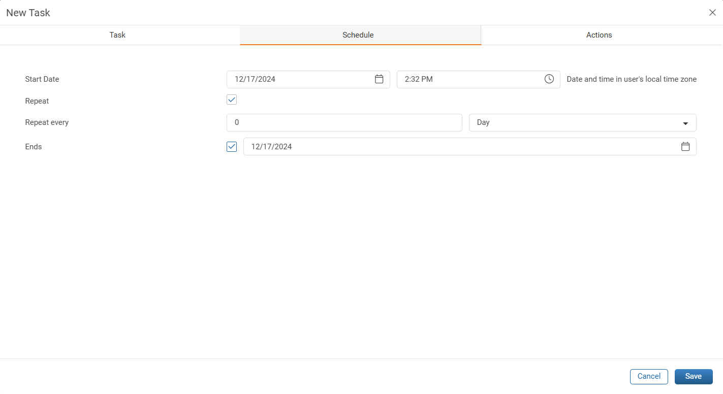 Schedule tab of the New Task window with the Start Date, Repeat, and Ends settings