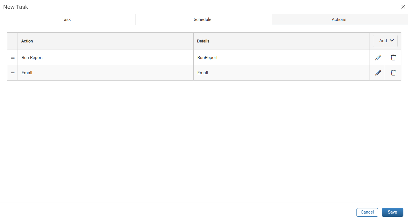 Actions tab of the New Task window with the predefined Run Report and Email actions and the Edit icons