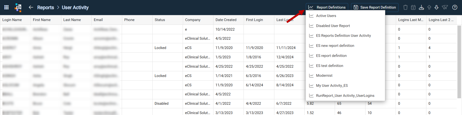 Report Definitions drop-down with saved report definitions