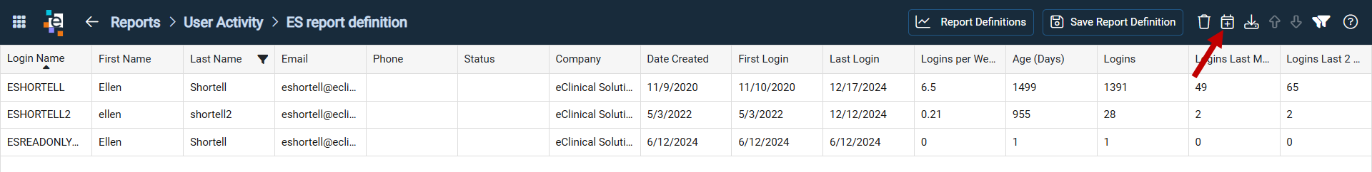 Report view with a selected report definition and the Schedule Definition icon in the master header