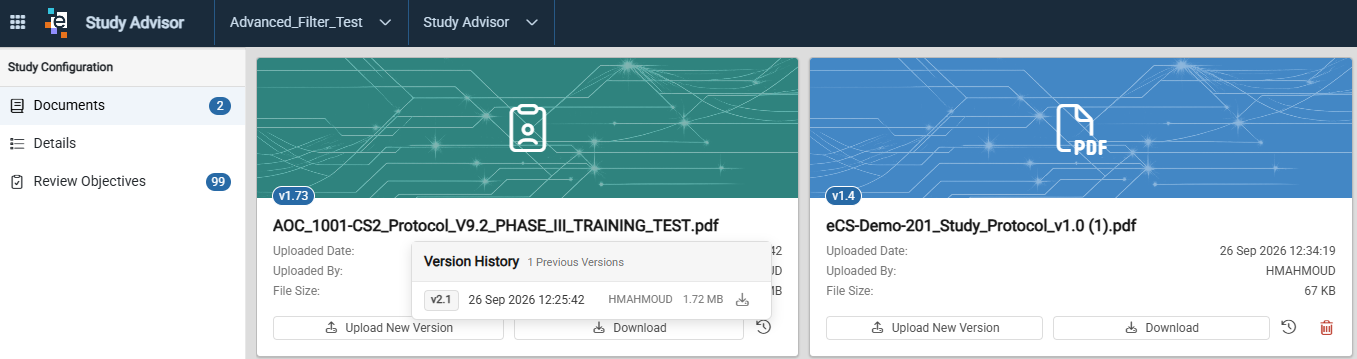 Study Advisor Documents section with the Version History panel open on the Study Protocol card and a supporting document card