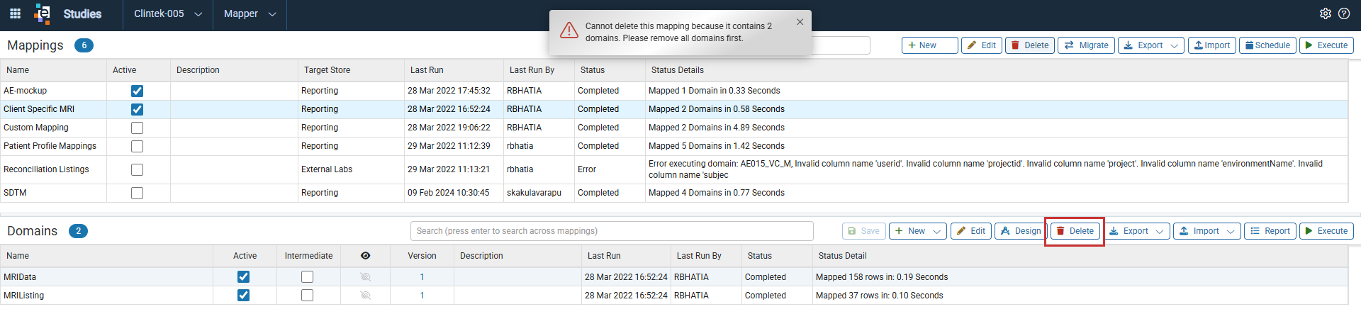 Mapper window with a mapping selected, a message stating the mapping cannot be deleted because it contains domains, and the Delete button highlighted in the Domains section toolbar